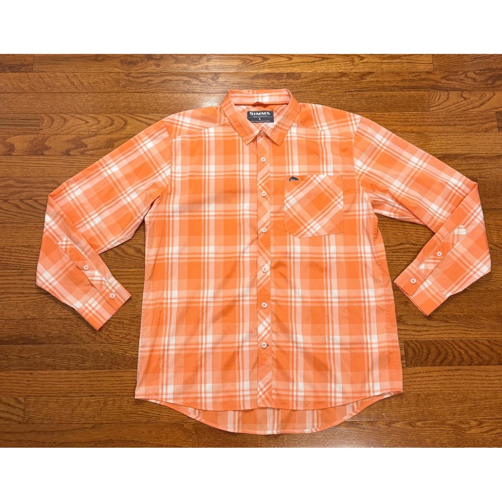 Simms Button Down Shirt Mens Large Orange Plaid Fishing Hiking Stretch Outdoor